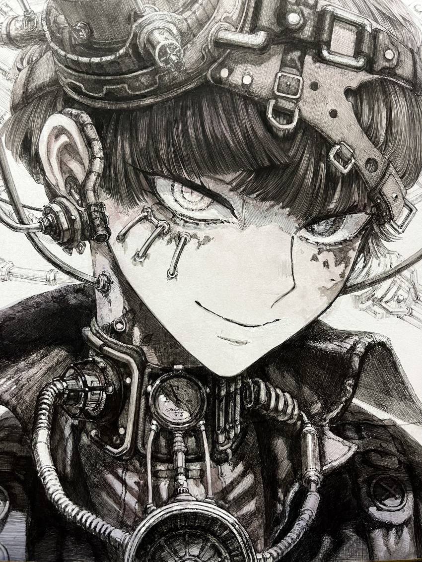 1girl absurdres buttons face_piercings greyscale headgear heterochromia highres industrial_pipe looking_at_viewer mihiro_00122 monochrome original pressure_gauge short_hair smile solo steampunk valve white_background