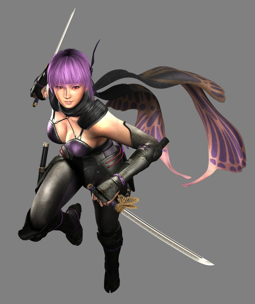 1girl 3d absurdres ayane_(doa) breasts cleavage dual_wielding female_focus highres holding jika-tabi large_breasts ninja ninja_gaiden ninja_gaiden_3:_razor&#039;s_edge purple_hair scarf simple_background solo split-toe_footwear sword weapon