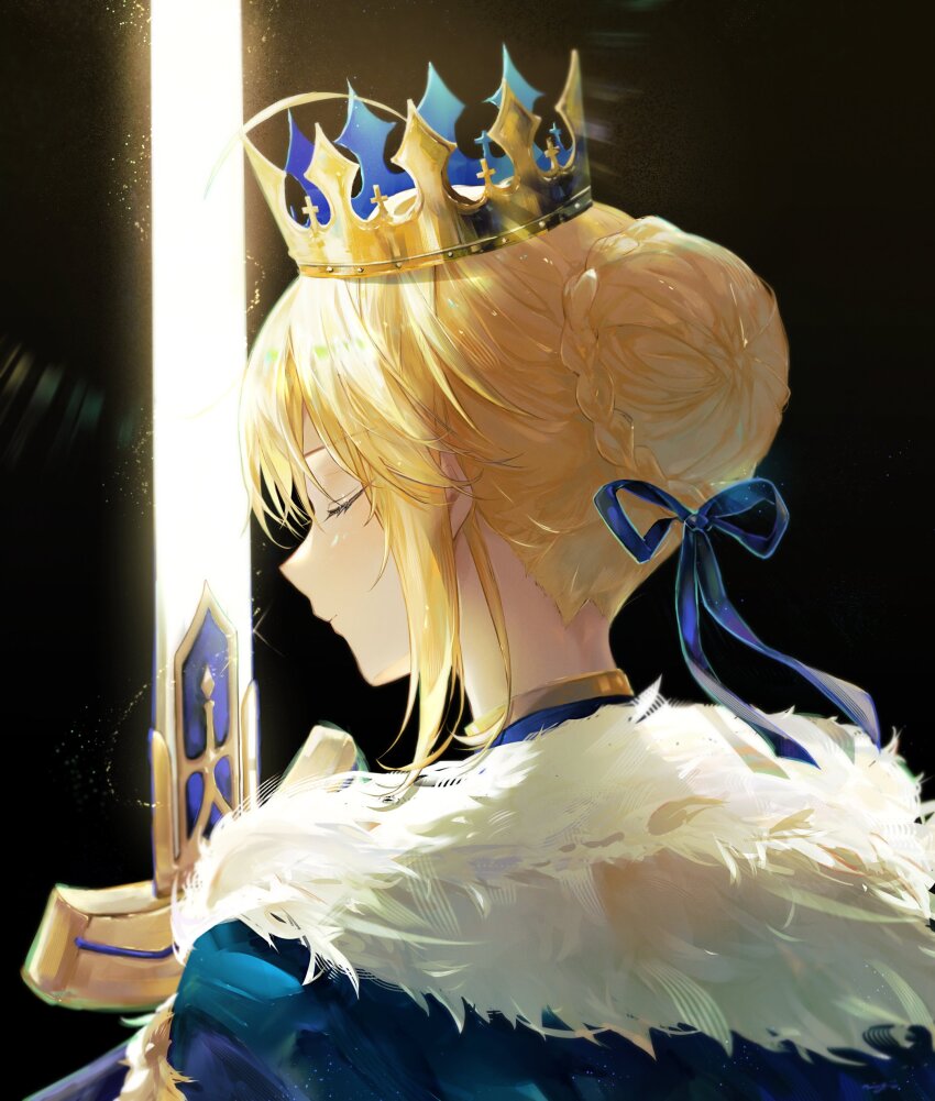 1girl absurdres ahoge armor artoria_pendragon_(all) artoria_pendragon_(fate) black_background blonde_hair braid braided_bun closed_eyes closed_mouth commentary_request crown excalibur_(fate/stay_night) fate/stay_night fate_(series) from_behind fur_collar hair_bun hair_ribbon highres holding holding_sword holding_weapon nigiri open_clothes ribbon saber_(fate) sidelocks sword weapon