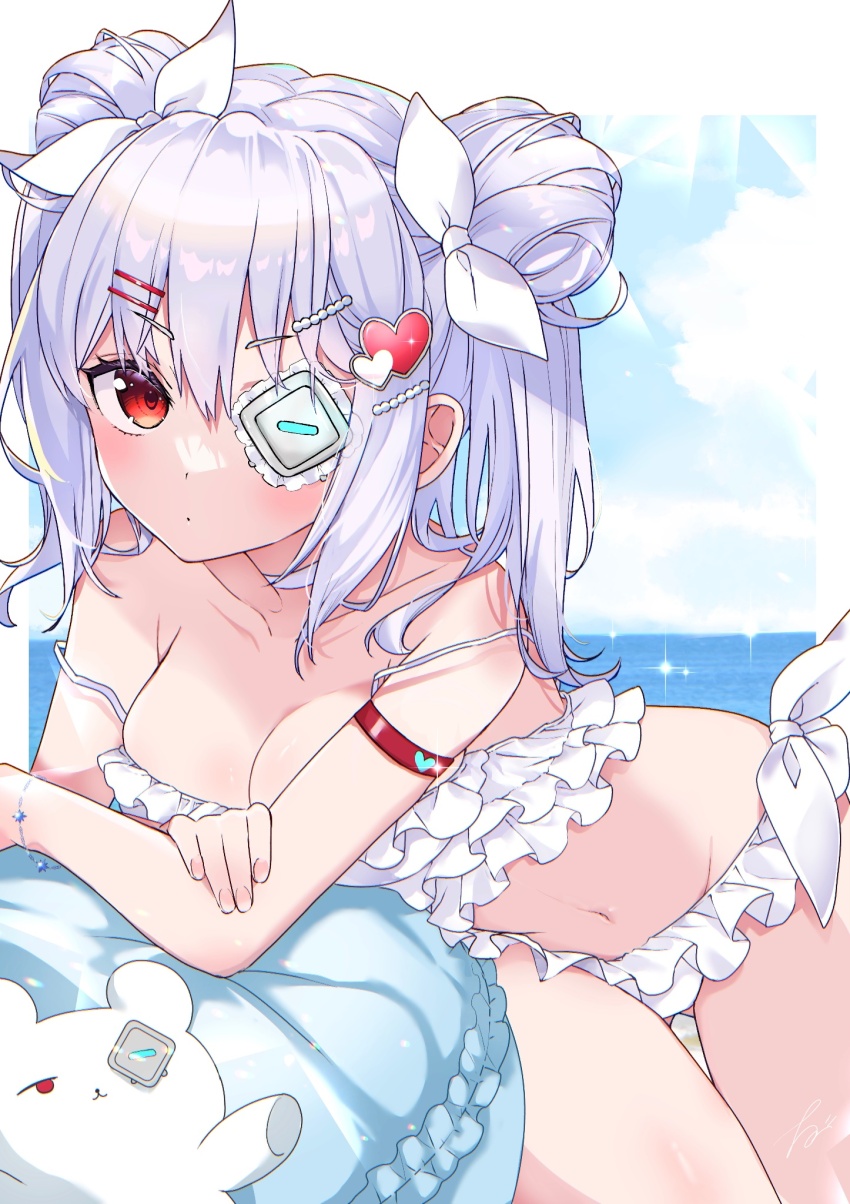 1girl bikini breasts double_bun eyepatch frilled_bikini frills hair_bun hair_ornament heart heart_hair_ornament heaven_burns_red highres k_i49 medium_breasts medium_hair ocean one_eye_covered red_eyes swimsuit twintails white_bikini white_hair yamawaki_bon_ivar