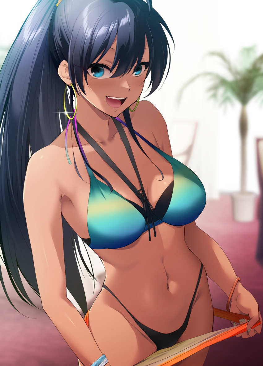 1girl antenna_hair bikini black_bikini black_hair blue_bikini blue_eyes blush bracelet breasts dark-skinned_female dark_skin earrings fang front-tie_bikini_top front-tie_top ganaha_hibiki high_ponytail highleg highleg_bikini highres hoop_earrings idolmaster idolmaster_(classic) jewelry kaiga layered_bikini long_hair looking_at_viewer medium_breasts navel open_mouth ponytail smile solo standing swimsuit