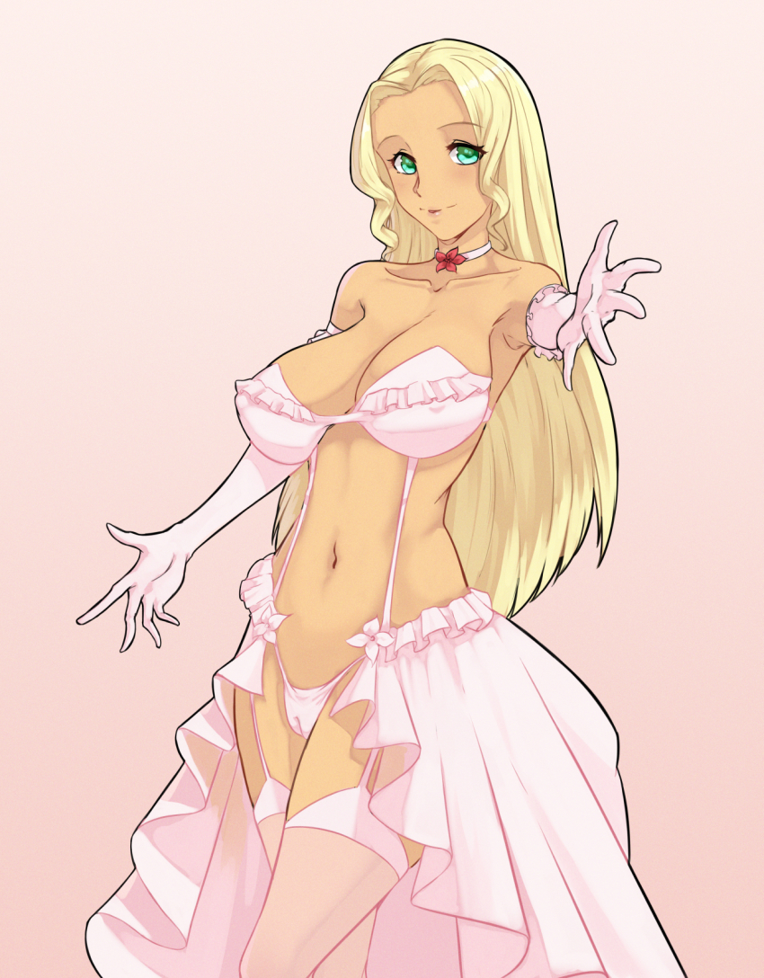 1girl amachan armpits blonde_hair bra breasts bridal_lingerie cameltoe challengia collarbone dark-skinned_female dark_skin dress flower garter_belt garter_straps gloves green_eyes hard.d highres jewelry large_breasts lingerie long_hair looking_at_viewer navel nchans nchans_style necklace panties pink_background pink_dress pink_panties simple_background solo thighhighs underwear wedding wedding_dress