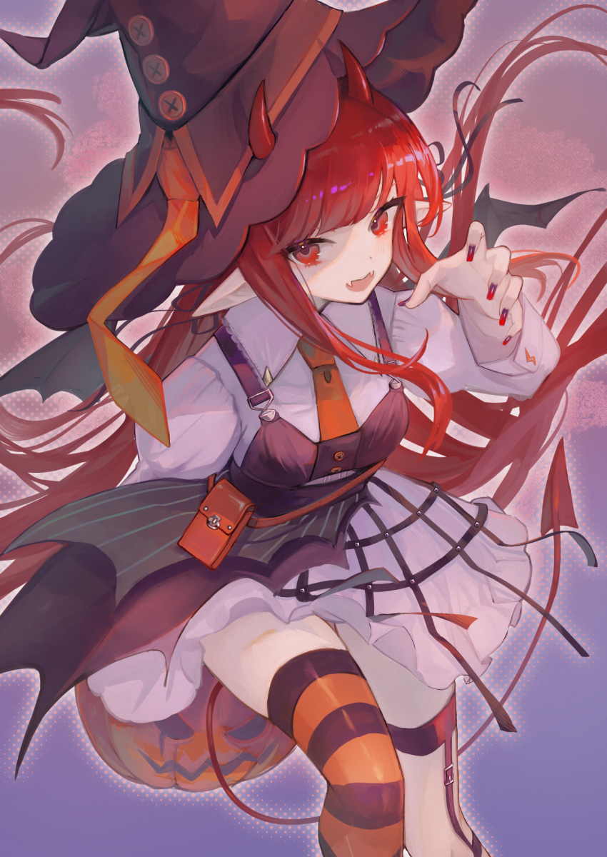 1girl arknights asymmetrical_legwear black_hat black_skirt blush demon_girl demon_horns demon_tail fangs halloween hat hemorina highres horns long_hair long_sleeves looking_at_viewer necktie orange_necktie pumpkin red_eyes red_hair red_nails shirt single_thighhigh skirt smile solo tail thigh_strap thighhighs thighs two-tone_skirt vigna_(arknights) white_shirt white_skirt witch_hat