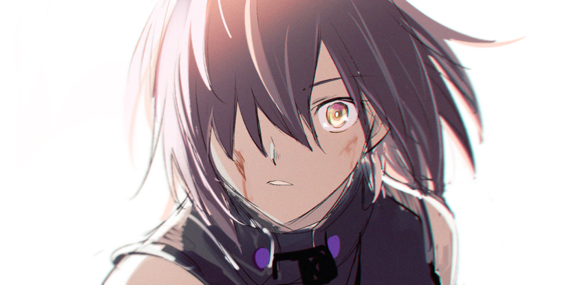 1girl aki_(neyuki41028) blood blood_on_face blurry brown_eyes depth_of_field fate/grand_order fate_(series) hair_over_one_eye looking_at_viewer mash_kyrielight mash_kyrielight_(demi-servant) messy_hair parted_lips portrait short_hair sidelighting simple_background sleeveless solo white_background