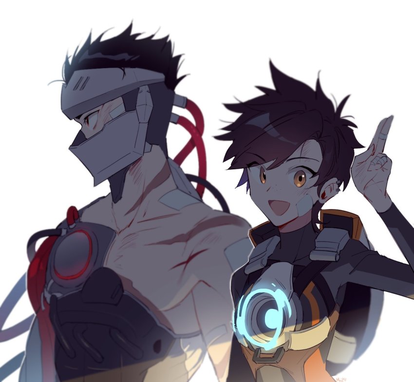 1boy 1girl :d alternate_costume arm_up armor bare_shoulders black_hair blackwatch_genji bodysuit brown_eyes brown_hair collar commentary_request cyborg eyes_visible_through_hair genji_(overwatch) harness highres injury jacket long_sleeves looking_at_viewer looking_to_the_side maro_(lij512) mask mouth_mask open_mouth overwatch red_eyes scratched scratches shadow short_hair simple_background smile spiked_hair tracer_(overwatch) upper_body white_background