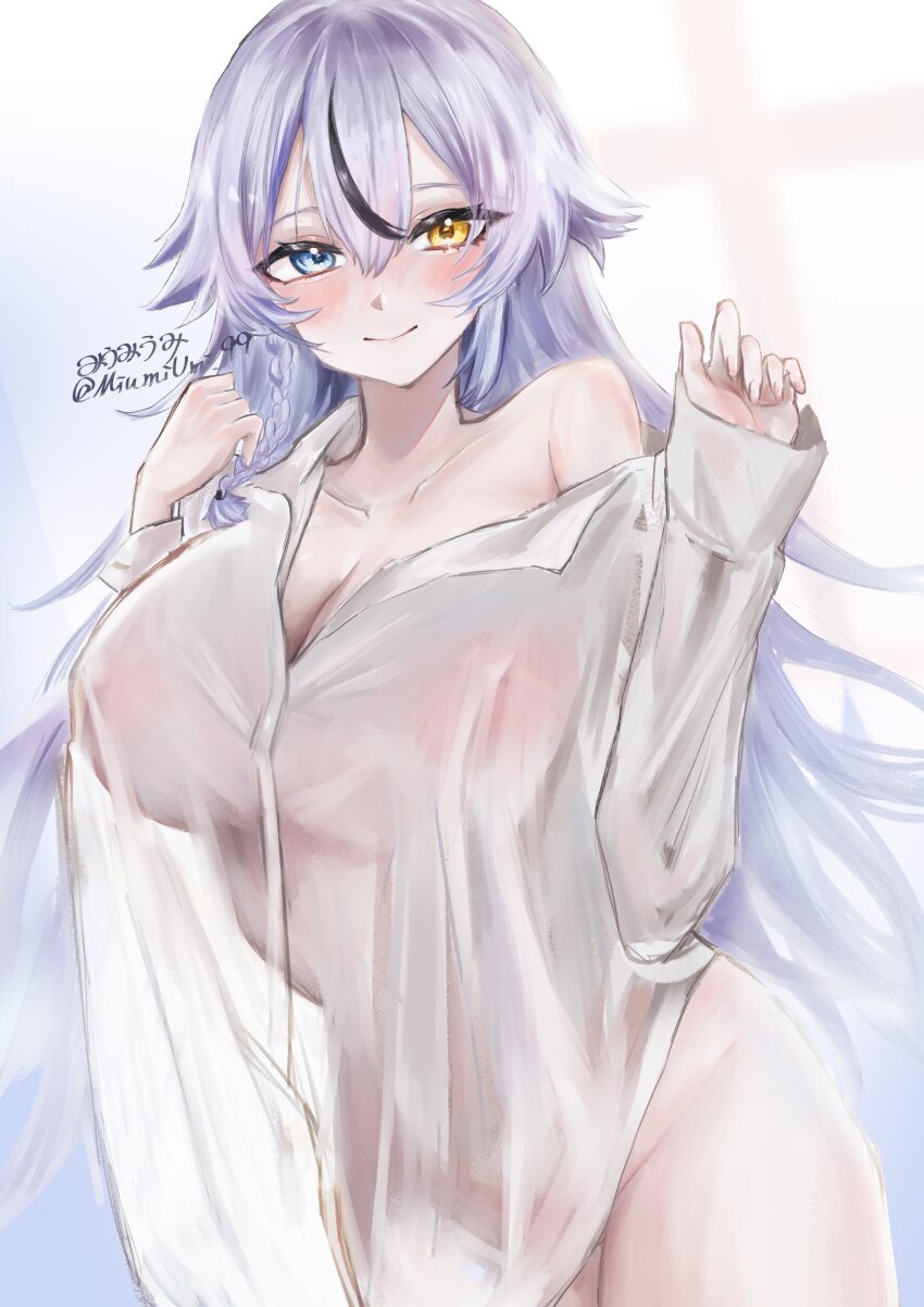 1girl absurdres alternate_costume collarbone collared_shirt goddess_of_victory:_nikke grey_hair heterochromia highres long_sleeves miumiumi_99 multicolored_hair naked_shirt nude oversized_clothes phantom_(nikke) shirt signature simple_background smile solo streaked_hair white_background