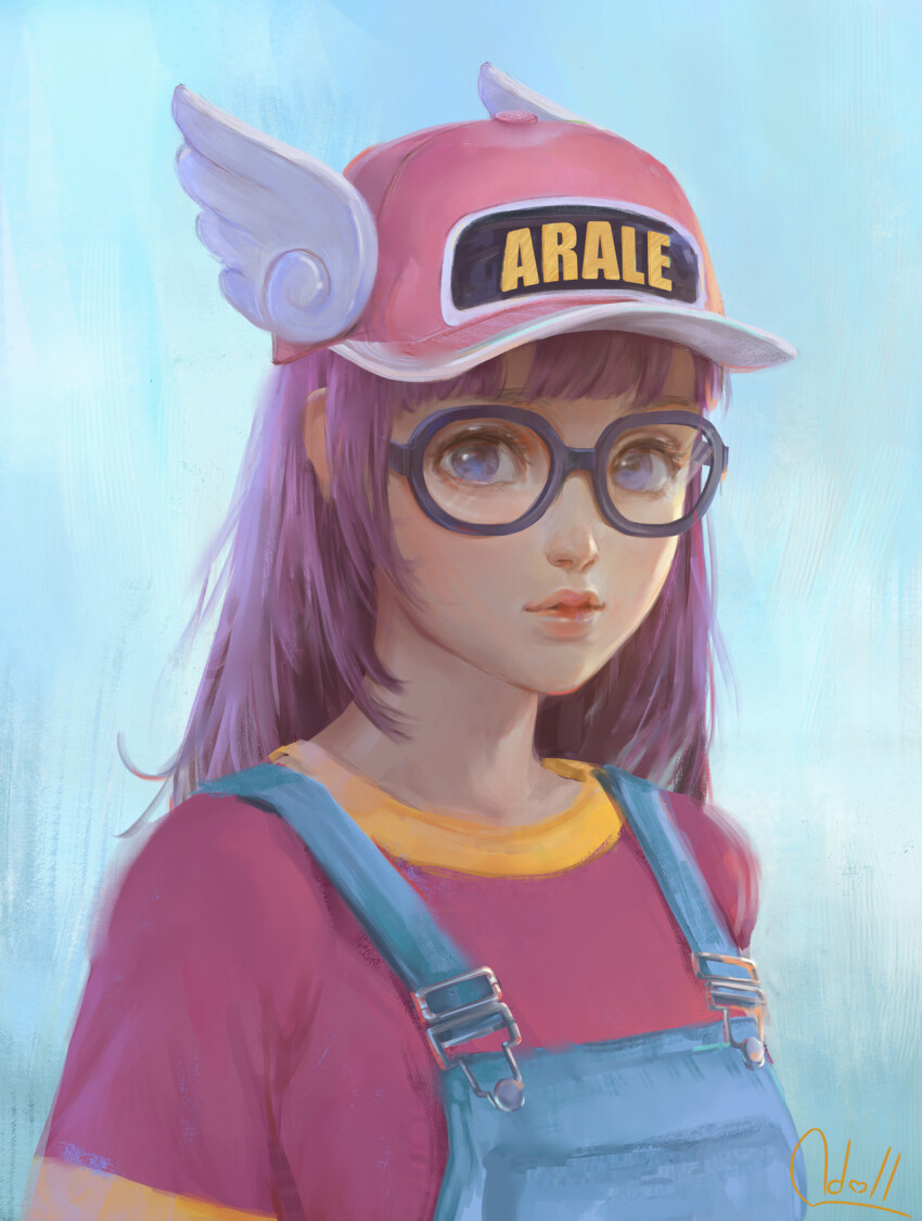 1girl artist_name baseball_cap black-framed_eyewear blue_background blue_eyes blue_overalls blunt_bangs buckle character_name closed_mouth commentary dr._slump english_commentary glasses hat highres lips long_hair looking_at_viewer ndolltran norimaki_arale nose overalls portrait purple_hair red_hat red_shirt round_eyewear shirt signature solo winged_hat