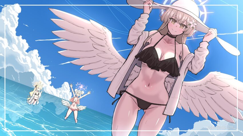 3girls alternate_costume angel_wings bikini blue_archive feathered_wings halo highres low_wings malsan mika_(blue_archive) multiple_girls nagisa_(blue_archive) pink_halo seia_(blue_archive) swimsuit tea_party_(blue_archive) water white_wings wings yellow_halo