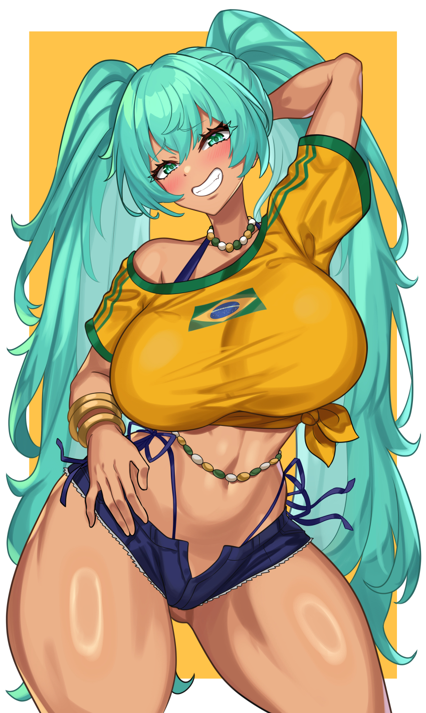 1girl absurdres alternate_breast_size aqua_eyes aqua_hair bead_choker belly_chain bikini blue_bikini blush borrowed_design bracelet brazil brazilian_flag brazilian_flag_print brazilian_miku breasts exposed_pocket flower guarana_antarctica hair_flower hair_ornament hatsune_miku highres huge_breasts jewelry large_breasts long_hair micro_shorts multiple_bracelets navel nez-box shirt shorts side-tie_bikini_bottom solo swimsuit tan twintails vocaloid yellow_shirt