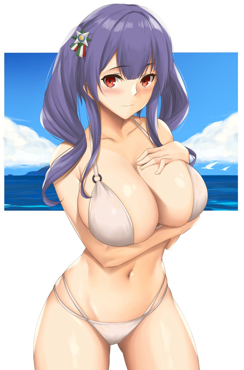 1girl absurdres arcie_albano arm_under_breasts azur_lane bare_arms bare_shoulders bikini blunt_bangs blush breasts cameltoe cleavage collarbone commentary_request groin hair_ornament halterneck highres italian_flag large_breasts long_hair multiple_straps navel o-ring o-ring_bikini pola_(azur_lane) purple_hair red_eyes sidelocks simple_background skindentation smile solo swimsuit twintails white_background white_bikini