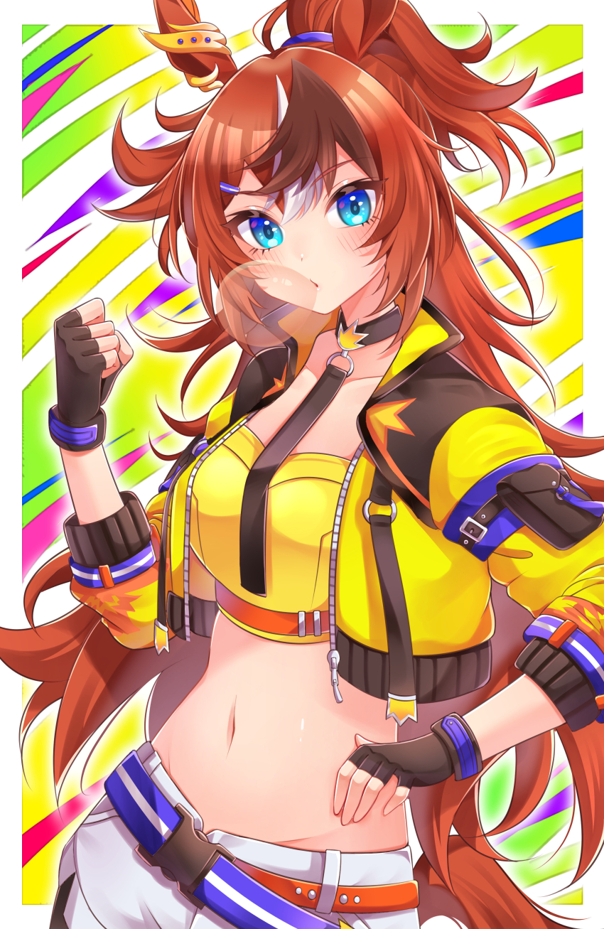 1girl absurdres animal_ears arm_belt bandeau black_gloves blue_eyes brown_hair bubble_gum_fellow_(umamusume) chest_belt chewing_gum choker cowboy_shot cropped_jacket ear_ornament fingerless_gloves gloves groin hand_on_own_hip highres horse_ears horse_girl inairego116 jacket long_hair long_sleeves looking_at_viewer midriff navel o-ring outside_border shorts sleeve_pouch solo tail umamusume white_hair white_shorts yellow_bandeau yellow_jacket