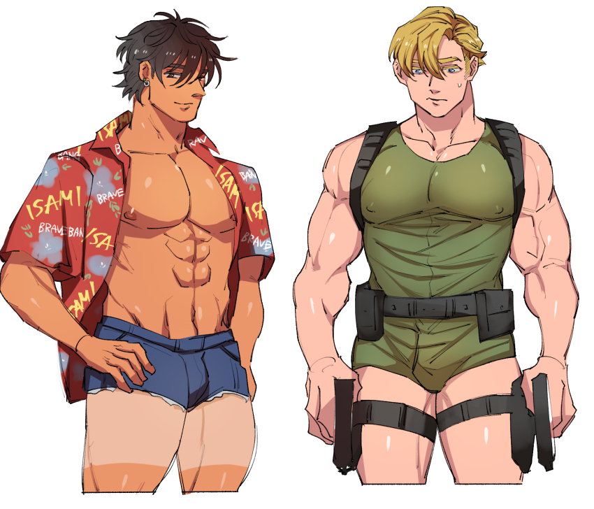 2boys abs alternate_costume ao_isami bara bare_pectorals black_hair blonde_hair couple covered_erect_nipples denim denim_shorts facial_hair highres large_pectorals lewis_smith looking_at_viewer male_focus multiple_boys muscular muscular_male navel nipples pectorals shorts sideburns_stubble standing stubble syusyusyu1515 tan thick_eyebrows tight_clothes yaoi yuuki_bakuhatsu_bang_bravern