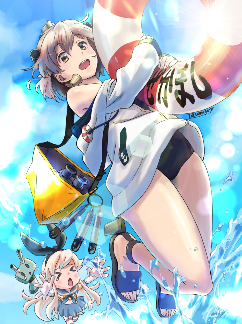 &gt;_&lt; 2girls alternate_costume anchor_symbol bag black_one-piece_swimsuit blue_sky brown_eyes brown_hair character_name chasing cloud commentary_request day drawstring headgear headset highres hood hooded_jacket hoodie jacket kantai_collection laundry_(randorii) lifebuoy looking_at_viewer multiple_girls one-piece_swimsuit open_mouth outdoors rensouhou-chan round_teeth sandals school_uniform shimakaze_(kancolle) short_hair sky smile solo_focus speaking_tube_headset swim_ring swimsuit teeth translation_request upper_teeth_only white_jacket yukikaze_(kancolle) yukikaze_(swimsuit_mode)_(kancolle)