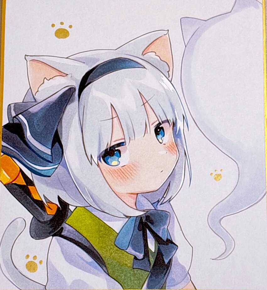 1girl animal_ears black_bow black_bowtie black_hairband black_ribbon blue_eyes blunt_bangs blush bow bowtie cat_ears cat_tail collared_shirt commentary_request flat_chest green_vest grey_hair hair_ribbon hairband highres katana konpaku_youmu konpaku_youmu_(ghost) looking_at_viewer moni_monico paw_print puffy_short_sleeves puffy_sleeves ribbon shirt short_hair short_sleeves simple_background solo sword tail touhou traditional_media upper_body vest weapon white_background white_shirt