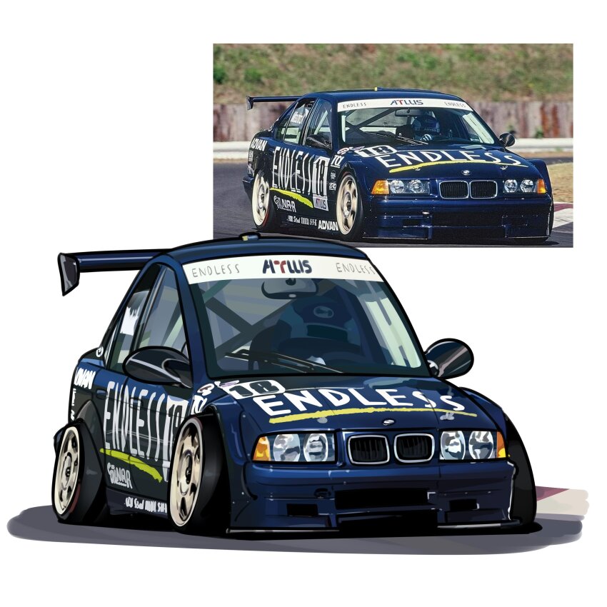 absurdres bmw bmw_3_series bmw_e36 car chibi driving highres holeecrab kinoshita_mitsuhiro motor_vehicle photo-referenced race_vehicle racecar real_life reference_inset spoiler_(automobile) stance_(vehicle) vehicle_focus