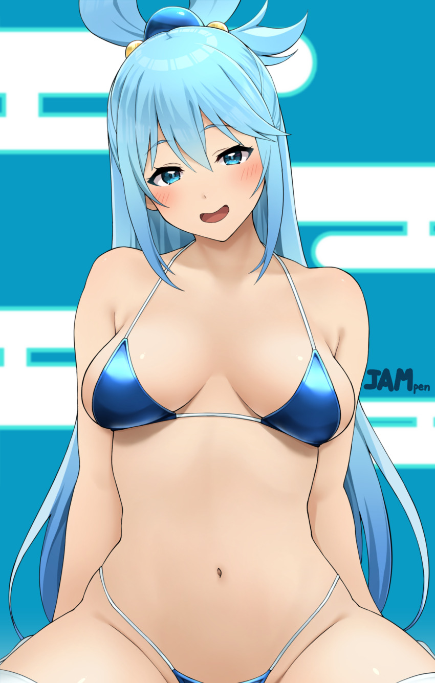 1girl aqua_(konosuba) bare_shoulders bikini blue_bikini blue_eyes blue_hair blush breasts cleavage collarbone hair_ornament hair_rings highres jampen kono_subarashii_sekai_ni_shukufuku_wo! large_breasts long_hair looking_at_viewer navel open_mouth single_hair_ring smile solo swimsuit