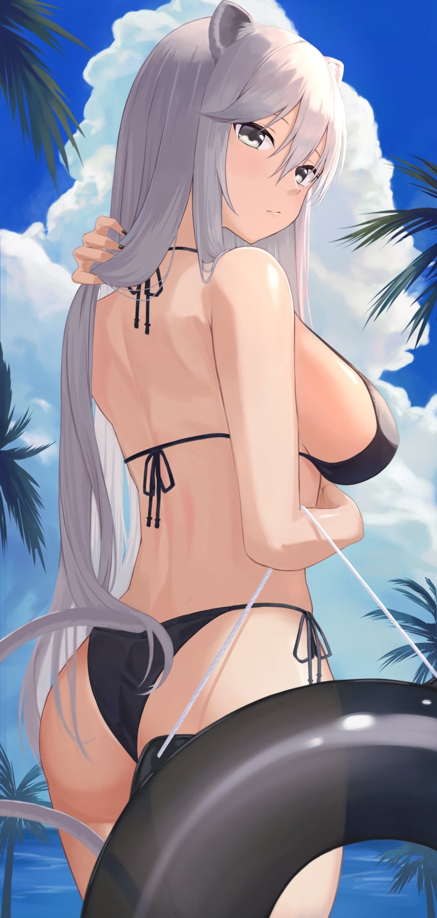 1girl absurdres animal_ears arm_behind_head ass back bikini black_bikini black_nails blue_sky breasts closed_mouth cloud cowboy_shot from_behind grey_eyes hair_between_eyes hair_down halterneck highres hololive innertube large_breasts lion_ears lion_girl lion_tail long_hair looking_at_viewer looking_back nail_polish ocean palm_tree shishiro_botan sideboob sino_(oyasumi_hf) sky solo straight_hair swim_ring swimsuit tail tree virtual_youtuber white_hair