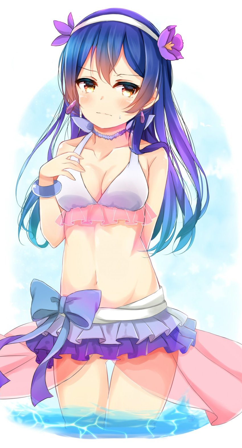 1girl bad_id bad_twitter_id bikini bikini_skirt blue_hair blush bracelet commentary_request cowboy_shot dorisu2 female_focus flower frilled_bikini frills hair_between_eyes hair_flower hair_ornament hand_on_own_chest hibiscus highres jewelry long_hair looking_at_viewer love_live! love_live!_school_idol_project natsuiro_egao_de_1_2_jump! navel necklace ribbon simple_background smile solo sonoda_umi swimsuit wavy_mouth yellow_eyes