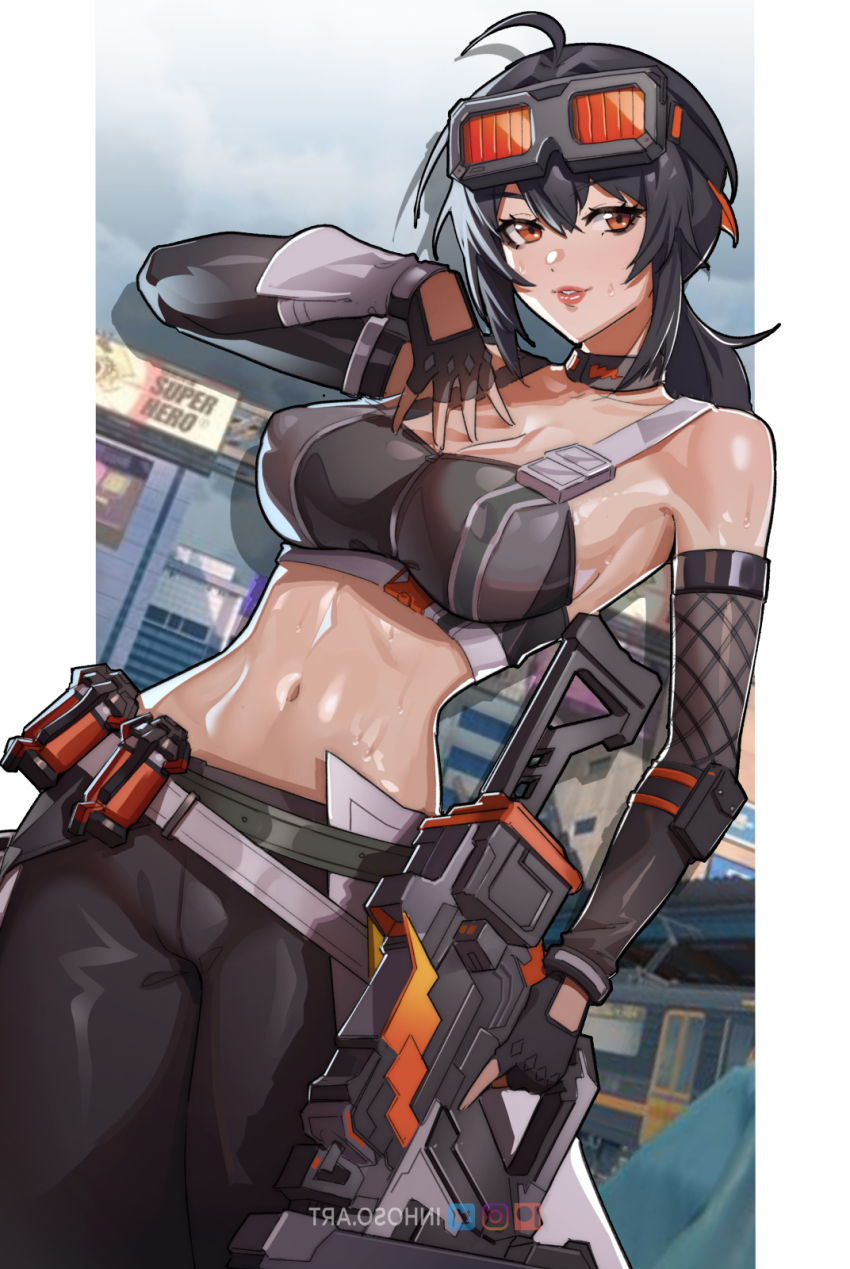 1girl ahoge arm_pouch asymmetrical_gloves bare_shoulders belt black_hair black_sports_bra border breasts choker cleavage commentary covered_erect_nipples dutch_angle english_commentary fingerless_gloves gloves goggles goggles_on_head grace_howard grey_belt gun highres holding holding_gun holding_weapon inhoso large_breasts mismatched_gloves navel orange_eyes pants shiny_skin sidelocks solo sports_bra sweat toned toned_female weapon white_border yoga_pants zenless_zone_zero