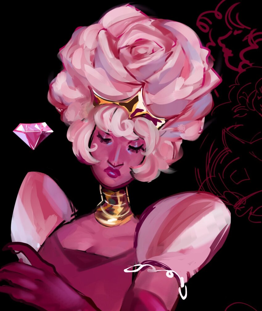 1girl black_background closed_eyes colored_skin commentary crying_anabell diamond_(gemstone) dress elbow_gloves english_commentary gem gloves gold_choker gold_tiara highres pink_diamond_(steven_universe) pink_dress pink_gloves pink_hair pink_skin puffy_short_sleeves puffy_sleeves rose_quartz_universe short_sleeves solo steven_universe