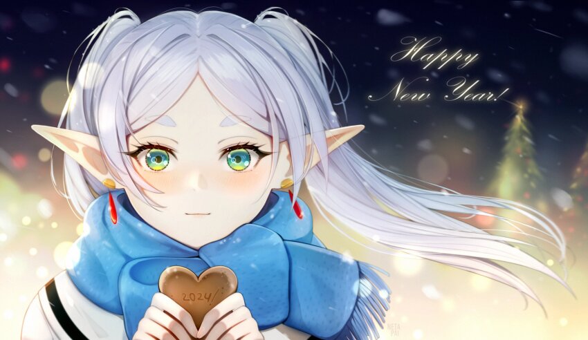 1girl 2024 blue_scarf candy chocolate chocolate_heart christmas_tree commentary earrings food frieren green_eyes grey_hair happy_new_year heart heart-shaped_food highres holding holding_chocolate holding_food jacket jewelry light_smile netapai1 new_year pointy_ears portrait scarf snowing solo sousou_no_frieren twintails white_jacket