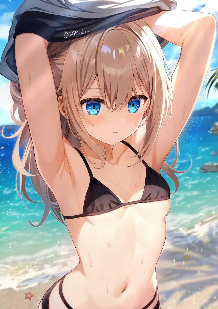 1girl absurdres aoe_ui armpits arms_up beach bikini black_bikini black_shirt blue_eyes breasts brown_hair commentary_request day diffraction_spikes hair_between_eyes halterneck highres lens_flare light_blush light_particles light_rays long_hair looking_at_viewer multi-strapped_bikini_bottom navel ocean original outdoors parted_lips shirt shore small_breasts solo starfish stomach sunbeam sunlight swimsuit twitter_username underboob undressing upper_body water water_drop wet