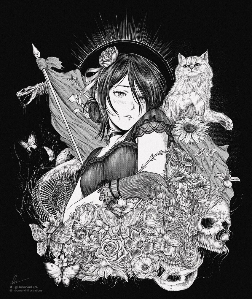 1girl absurdres animal animal_skeleton black_background black_choker black_dress black_gloves black_hair blush bone bug butterfly cat chainsaw_man choker commentary disintegration dress english_commentary flag flower gloves grey_eyes greyscale hair_bun hair_flower hair_ornament highres insect long_hair looking_to_the_side lotus marvin_(omarvin) monochrome reze_(chainsaw_man) rose skeleton skull solo soviet_flag spine sunflower