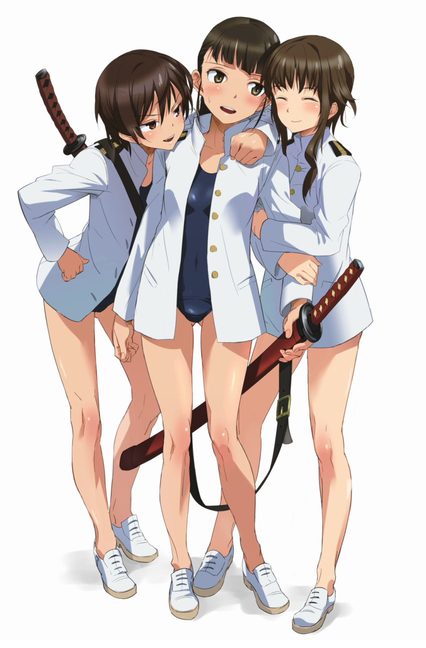 3girls arm_around_neck arm_hug black_eyes black_hair blush brown_eyes brown_hair closed_eyes girl_sandwich hand_on_own_hip highres hinokore katana leaning_forward military military_uniform multiple_girls naval_uniform no_eyepatch no_socks open_clothes open_mouth open_shirt ponytail sakamoto_mio sandwiched scabbard school_swimsuit sheath shirt smile strike_witches strike_witches:_kurenai_no_majo-tachi strike_witches_zero sweatdrop swimsuit swimsuit_under_clothes sword takei_junko wakamoto_tetsuko weapon world_witches_series