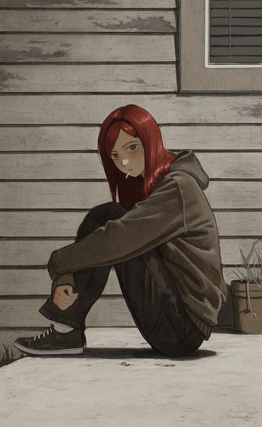 1girl absurdres black_footwear black_hoodie black_pants cigarette flower_pot hair_ornament hairclip highres hood hood_down hoodie knees_up long_hair long_sleeves looking_at_viewer monlopolo original pants plant potted_plant red_hair shoes sitting sneakers solo