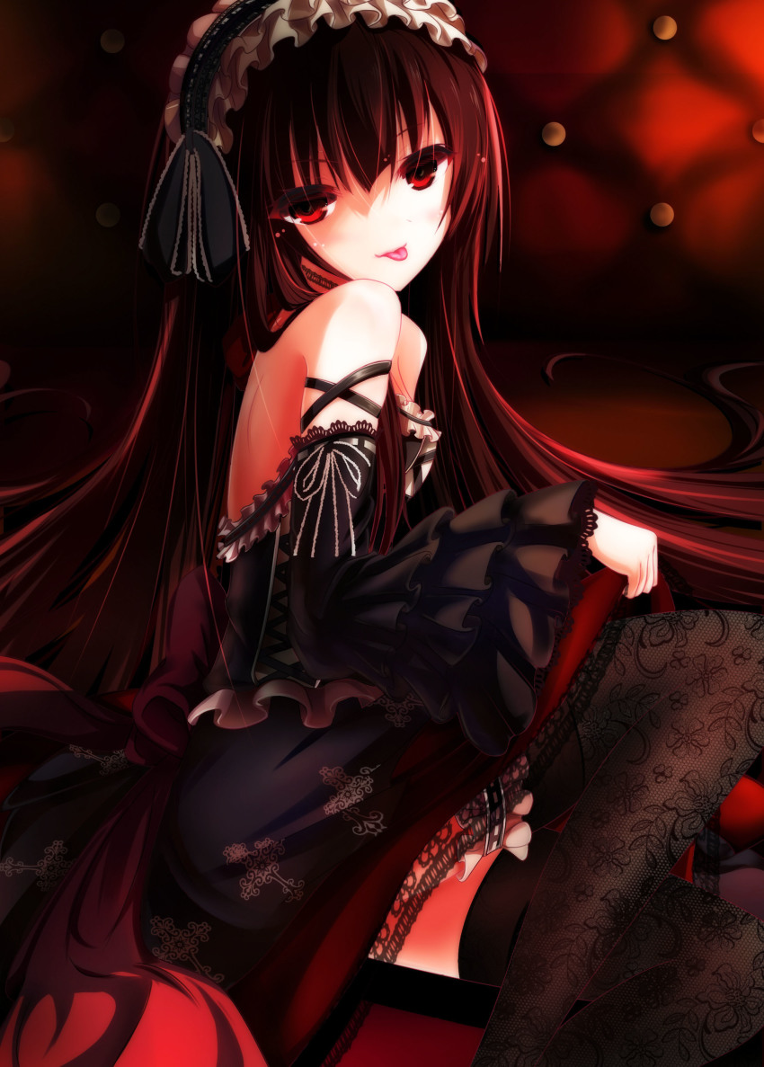 1girl absurdres backless_dress backless_outfit bad_id bad_pixiv_id black_dress black_hair black_thighhighs dress female_focus gothic_lolita haguruma_c hagurumadaze headdress highres lolita_fashion long_hair original red_eyes solo thighhighs tongue tongue_out