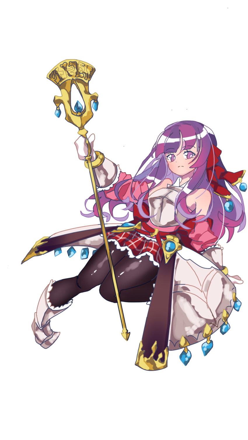 1girl arianna_caledonia armor armored_boots armored_skirt ast. bare_shoulders black_pantyhose boots breastplate detached_sleeves etrian_odyssey frilled_skirt frills full_body gloves highres holding holding_staff long_hair miniskirt pantyhose plaid_clothes plaid_skirt purple_eyes purple_hair sekaiju_no_meikyuu shin_sekaiju_no_meikyuu_2 skirt staff