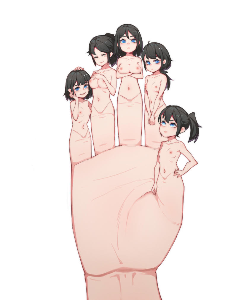 5girls absurdres bad_id bad_pixiv_id black_hair blue_eyes bob_cut breasts closed_mouth crossed_arms gender_request genderswap hand_focus hand_on_another&#039;s_head highres lan_mao_akko large_breasts long_hair medium_breasts mini_person minigirl multiple_girls nipples nude original out_of_frame partbody_girl ponytail short_hair simple_background small_breasts smile what white_background