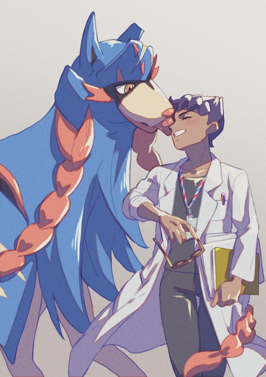 1boy aged_up blush breast_pocket closed_eyes commentary_request creatures_(company) dark-skinned_male dark_skin eyelashes game_freak gen_8_pokemon grey_pants grey_shirt grin highres holding holding_removed_eyewear hop_(pokemon) komame_(st_beans) lab_coat lanyard legendary_pokemon licking licking_another&#039;s_face male_focus nintendo pants pen pocket pokemon pokemon_(creature) pokemon_swsh purple_hair shirt short_hair smile teeth tongue unworn_eyewear zacian zacian_(hero)