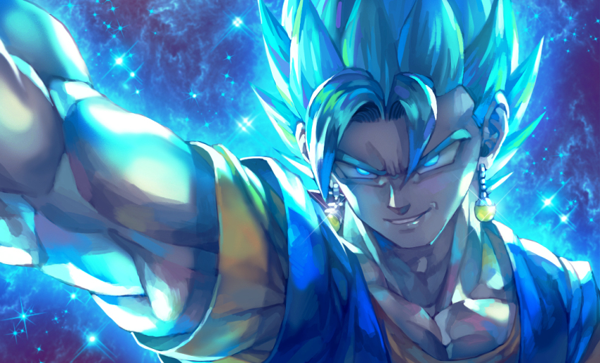 1boy aura blue_eyes blue_hair commentary_request dragon_ball dragon_ball_super earrings foreshortening furrowed_brow jewelry kim_yura_(goddess_mechanic) korean_commentary male_focus muscular muscular_male portrait potara_earrings smile solo sparkling_aura spiked_hair super_saiyan super_saiyan_blue vegetto