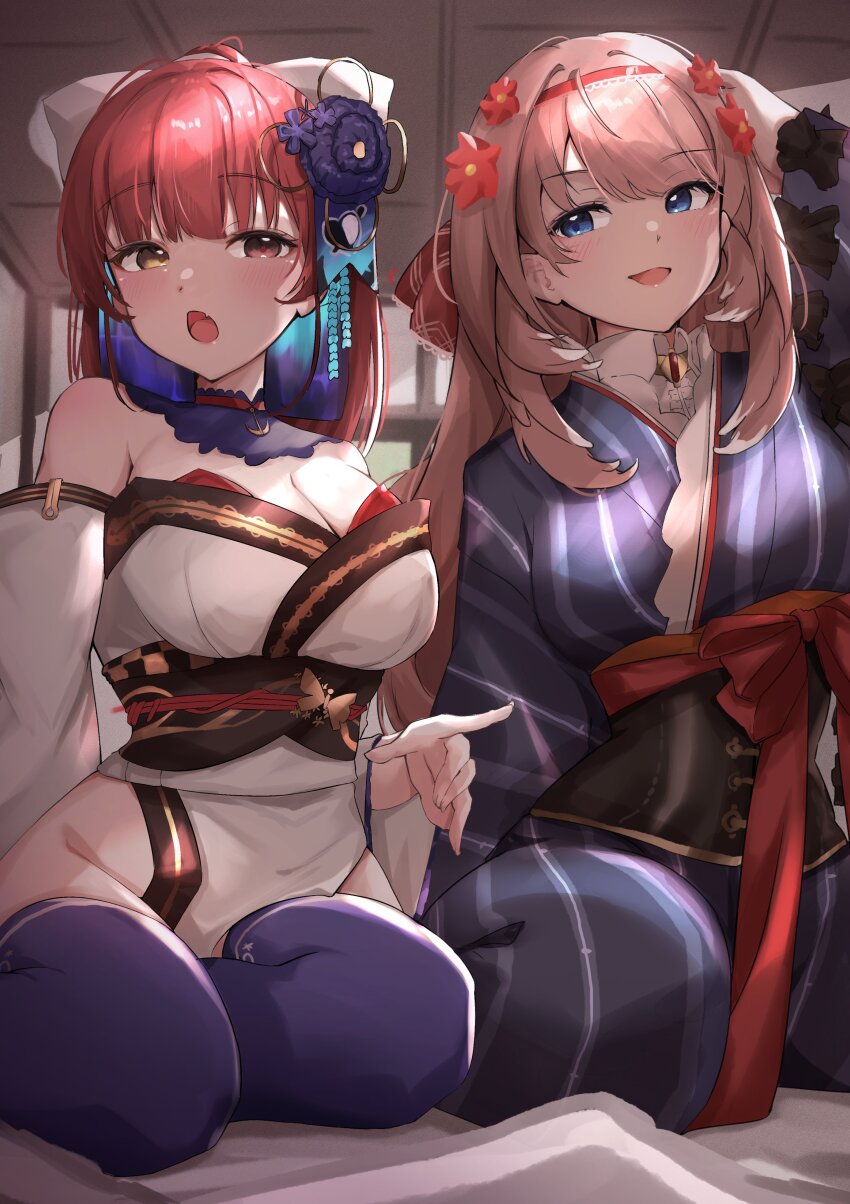 2girls absurdres bare_shoulders blue_eyes blue_kimono blue_thighhighs blush bow breasts commentary detached_collar detached_sleeves flower hair_bow hair_flower hair_ornament hairband heterochromia highres hololive houshou_marine houshou_marine_(new_year) japanese_clothes kanzashi kimono large_breasts long_hair looking_at_another looking_at_viewer multiple_girls official_alternate_costume open_mouth pelvic_curtain pink_hair red_eyes red_hair red_hairband sash sideways_glance sitting solo soyoghi squatting_cowgirl_position strapless_kimono striped_clothes striped_kimono symbol-only_commentary takane_lui takane_lui_(new_year) thighhighs underbust vertical-striped_clothes vertical-striped_kimono virtual_youtuber white_bow white_kimono wide_ponytail yellow_eyes yokozuwari