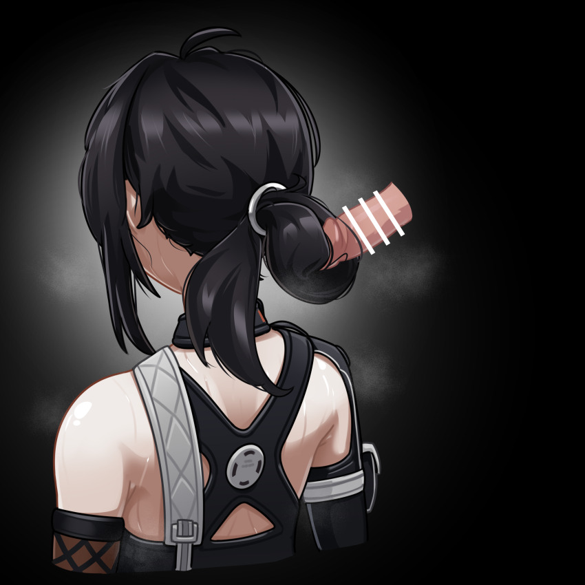 1girl absurdres ahoge back bar_censor bare_shoulders black_background black_hair censored chest_strap commentary criss-cross_back-straps cropped_torso disembodied_penis english_commentary fiery_(ahhh7475) from_behind grace_howard hair_focus hairjob highres long_hair penis ponytail profile sidelocks simple_background solo steam sweat upper_body variant_set zenless_zone_zero