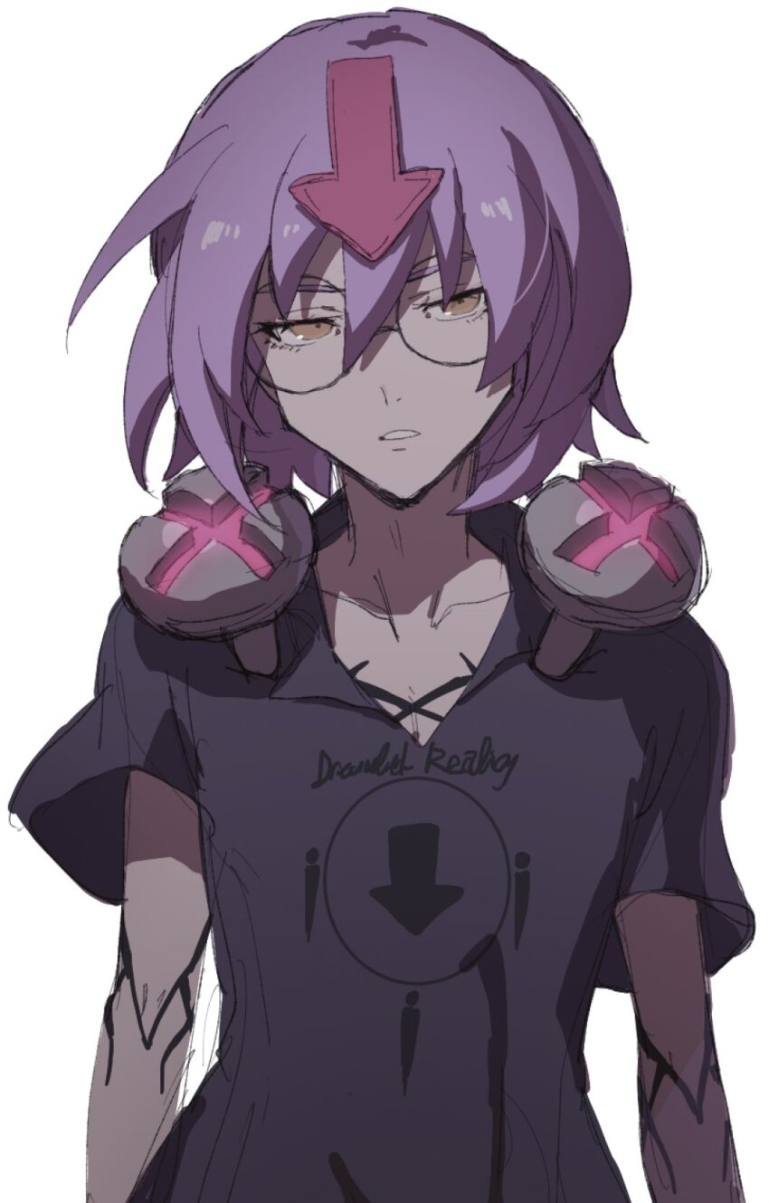 1boy arrow_(symbol) bedman body_markings brown_eyes collarbone cowboy_shot guilty_gear hair_between_eyes highres kometubu0712 looking_at_viewer male_focus parted_lips purple_hair screw screw_in_body short_hair short_sleeves simple_background solo standing white_background