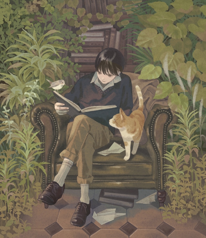 1boy animal armchair bird black_footwear black_hair blue_sweater book book_stack bookshelf brown_pants cat chair closed_mouth collared_shirt crossed_legs full_body highres holding holding_book indoors kogaayumi long_sleeves looking_at_viewer looking_to_the_side male_focus original palm_leaf pants pants_rolled_up paper_airplane plant reading shirt shoes short_hair sitting socks sweater tile_floor tiles vines white_socks