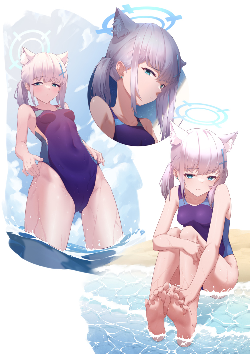 1girl absurdres animal_ears ass bare_shoulders barefoot beach blue_archive blue_eyes blue_one-piece_swimsuit blue_sky blush breasts cameltoe cat_ears chan_sang cloud competition_swimsuit covered_navel earrings foreshortening hair_ornament hairclip halo highres jewelry looking_at_viewer multiple_views ocean one-piece_swimsuit shiroko_(blue_archive) shiroko_(swimsuit)_(blue_archive) side_ponytail simple_background sitting sky small_breasts swimsuit wading water white_background white_hair