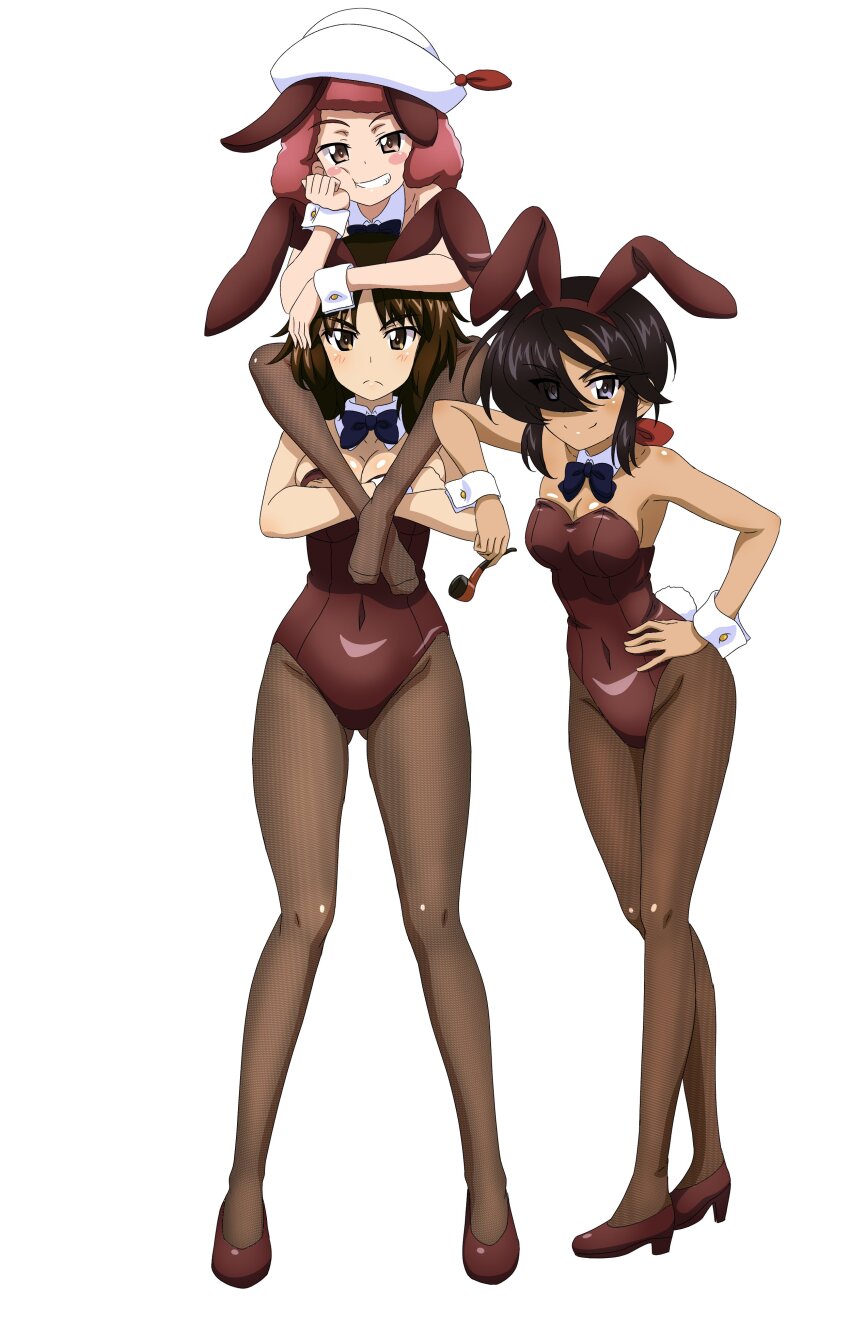 3girls absurdres animal_ears black_hair blue_bow blue_bowtie blue_eyes blush blush_stickers bow bowtie breasts brown_eyes brown_hair brown_pantyhose cleavage closed_mouth covered_navel fake_animal_ears fake_tail full_body girls_und_panzer grin hair_ribbon hat highres key_(gaigaigai123) large_breasts leotard long_hair looking_at_viewer medium_hair multiple_girls murakami_(girls_und_panzer) ogin_(girls_und_panzer) pantyhose playboy_bunny rabbit_ears rabbit_tail red_hair red_leotard ribbon rum_(girls_und_panzer) simple_background small_breasts smile smoking_pipe tail white_background