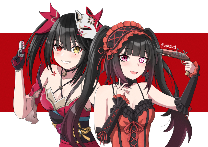 2girls absurdres antique_firearm black_choker black_hair black_sash breasts choker cleavage collarbone cosplay costume_switch date_a_live dress facial_mark firearm firelock flintlock flower-shaped_pupils fox_mask frills gun handgun heterochromia highres holding holding_gun holding_weapon honkai:_star_rail honkai_(series) mark_under_both_eyes mask mask_on_head multiple_girls obi pink_eyes rafxeed red_dress red_eyes sash shoulder_tattoo spaghetti_strap sparkle_(honkai:_star_rail) sparkle_(honkai:_star_rail)_(cosplay) symbol-shaped_pupils tattoo tokisaki_kurumi tokisaki_kurumi_(cosplay) twintails weapon yellow_eyes