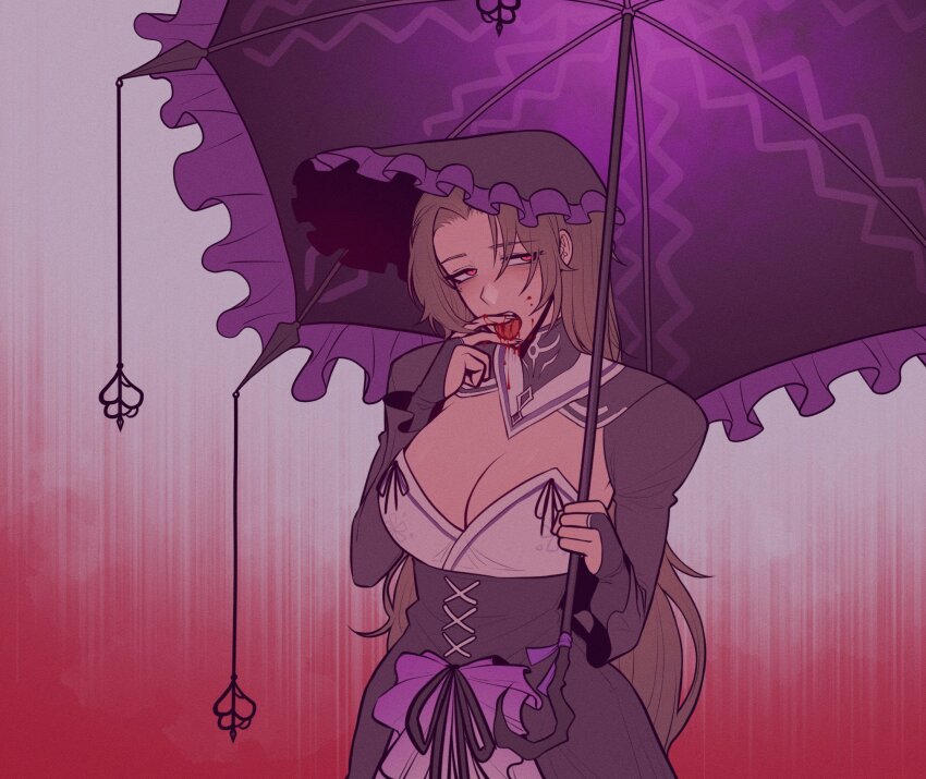 1girl black_bonnet black_corset black_dress blood blood_on_face bonnet breasts brown_hair cleavage corset cowboy_shot dress highres holding holding_umbrella huge_breasts juliet_sleeves la_manchaland_(identity)_(project_moon) limbus_company long_hair long_sleeves looking_to_the_side misg1111 open_mouth parasol parted_bangs project_moon puffy_sleeves red_eyes rodion_(project_moon) sidelocks solo umbrella very_long_hair