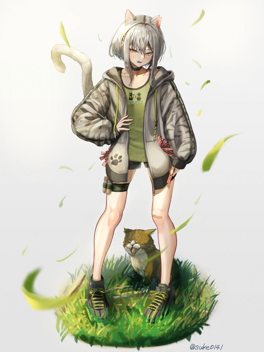 1girl animal animal_ears bare_legs black_footwear black_shorts cat cat_ears cat_girl cat_tail ciao_churu extra_ears fangs full_body grass green_eyes green_tank_top grey_hair grey_hoodie hand_on_own_hip highres hood hood_down hoodie notched_ear open_clothes open_hoodie original pet_food scowl shoes short_hair short_shorts shorts sneakers standing tail tank_top thigh_strap twitter_username v-shaped_eyebrows vial whiskers yuusuke_booi