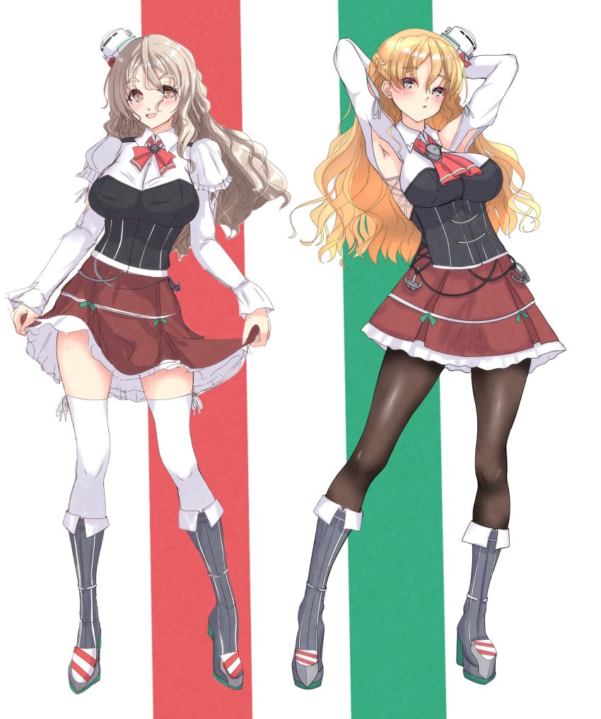 1girl absurdres arms_behind_head bare_shoulders black_pantyhose bodice boots braid breasts brown_eyes corset full_body grey_hair hair_between_eyes hat highres italian_flag kantai_collection large_breasts long_hair long_sleeves mini_hat nitamako_(sakamalh) open_mouth pantyhose pola_(kancolle) shirt side_braid skirt skirt_hold smile thighhighs tilted_headwear wavy_hair white_shirt white_thighhighs zara_(kancolle)