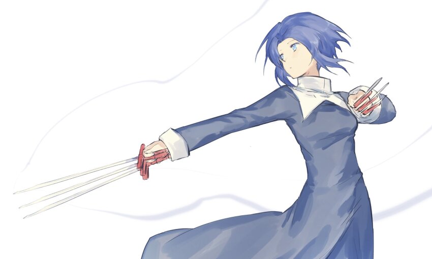 1girl black_dress blue_eyes blue_hair breasts ciel_(tsukihime) claw_(weapon) dress hashtag-only_commentary highres holding holding_weapon long_dress medium_breasts medium_hair simple_background solo standing tara3763 tsukihime weapon white_background