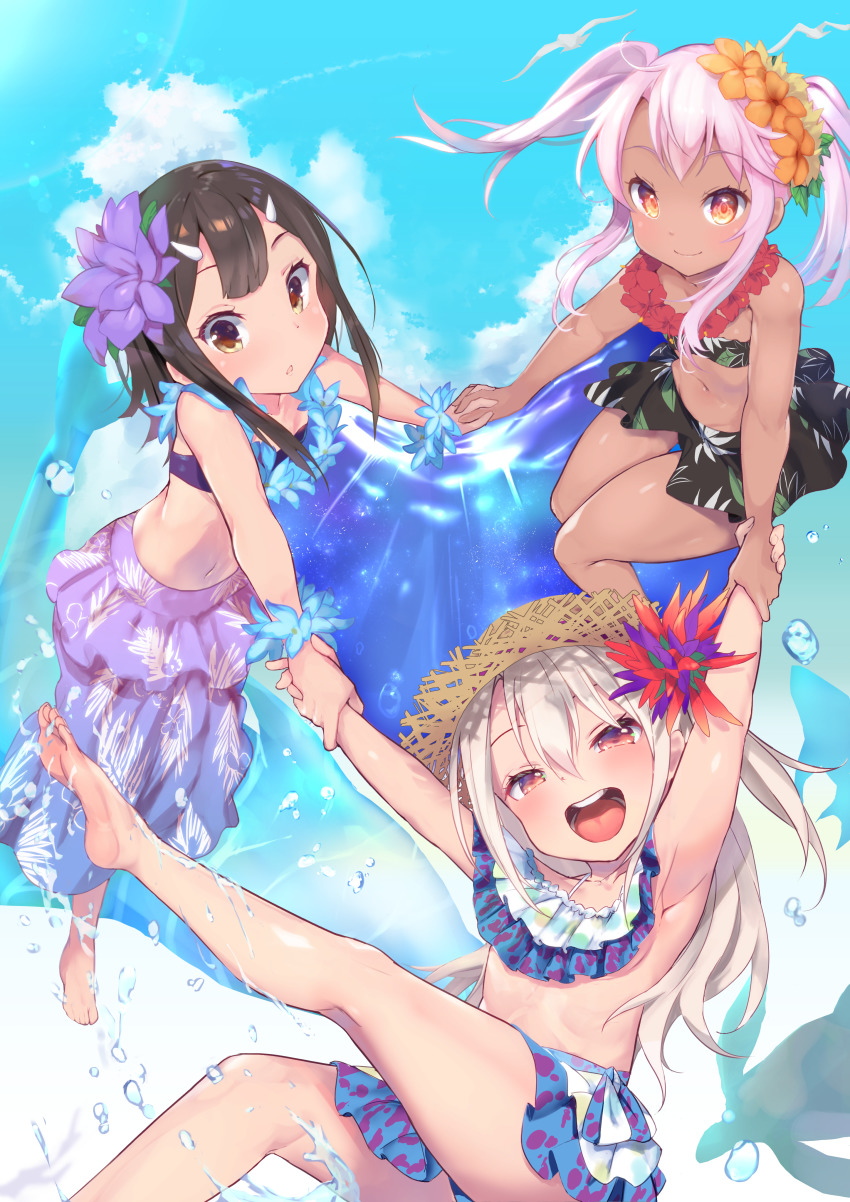 3girls :d absurdres armpits arms_up bare_legs barefoot bikini bikini_skirt black_hair blue_sky chloe_von_einzbern cloud commentary_request dark-skinned_female dark_skin fate/kaleid_liner_prisma_illya fate_(series) flower flower_wreath hair_flower hair_ornament hairclip hat highres holding_hands illyasviel_von_einzbern looking_at_viewer miyu_edelfelt multiple_girls navel open_mouth orange_eyes p_answer pink_hair red_eyes sky smile straw_hat teeth twintails upper_teeth_only water_drop yellow_eyes