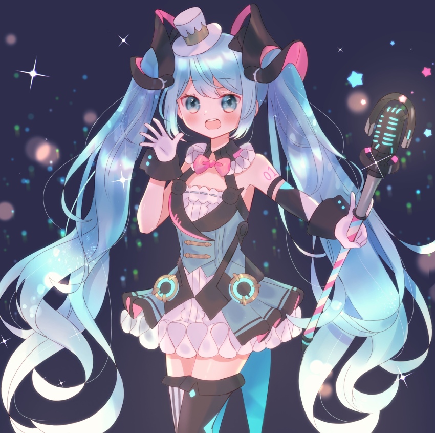 1girl aqua_eyes arm_tattoo asymmetrical_legwear azarashi6 blue_background blue_hair blush bow bowtie commentary dot_nose gloves gradient_hair hair_between_eyes hair_ornament hat hatsune_miku highres holding holding_microphone magical_mirai_(vocaloid) magical_mirai_miku magical_mirai_miku_(2019) microphone mini_hat mismatched_legwear multicolored_hair neck_ruff number_tattoo open_mouth pink_bow pink_bowtie solo sparkle star_(symbol) tattoo teeth top_hat twintails upper_teeth_only vocaloid waving white_gloves white_hair white_hat