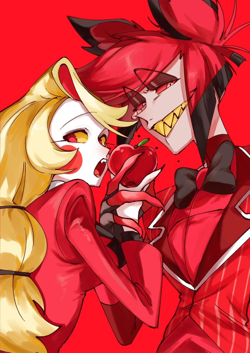 1boy 1girl alastor_(hazbin_hotel) animal_ears apple black_hair blonde_hair blush_stickers bow bowtie charlie_morningstar colored_sclera colored_skin deer_ears demon_boy demon_girl food formal_clothes fruit grin hazbin_hotel highres holding honeko_06 long_hair looking_at_viewer multicolored_hair red_eyes red_hair red_sclera sharp_teeth short_hair smile suit teeth yellow_sclera