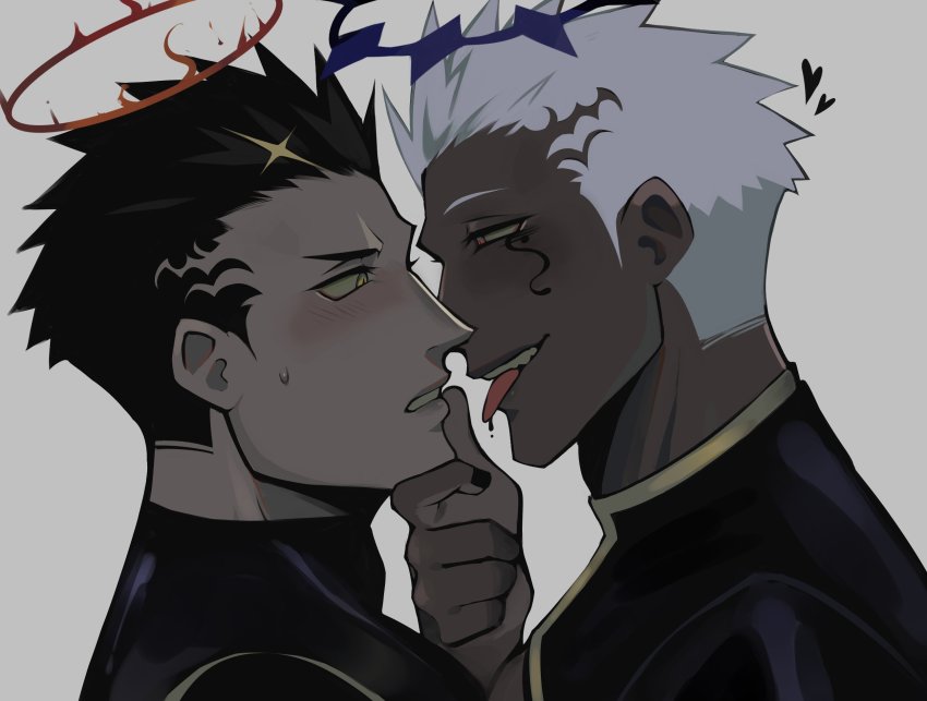 2boys black_bodysuit black_hair black_nails blush bodysuit close-up dark-skinned_male dark_skin facial_tattoo fire half-closed_eyes halo hand_on_another&#039;s_chin heart highres israfil_(housamo) lisuchi looking_at_another male_focus manly mature_male multiple_boys nail_polish open_mouth red_eyes sideburns sparks spiked_hair sweat sweatdrop tattoo teeth tight_clothes tokyo_houkago_summoners tongue tongue_out white_hair yaoi yellow_eyes zabaniyya_(housamo)