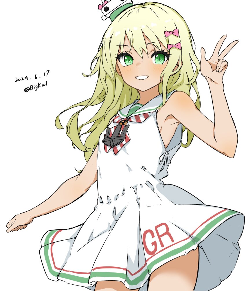 1girl absurdres anchor_ornament bigkwl blonde_hair bow clothes_writing contrapposto cowboy_shot dated dress grecale_(kancolle) green_eyes hair_between_eyes hat highres kantai_collection long_hair looking_at_viewer low-cut_armhole mini_hat neckerchief one-hour_drawing_challenge parted_lips pink_bow sailor_collar sailor_dress side-tie_dress simple_background sleeveless sleeveless_dress smile solo striped_neckerchief twitter_username v wavy_hair white_background white_dress white_sailor_collar